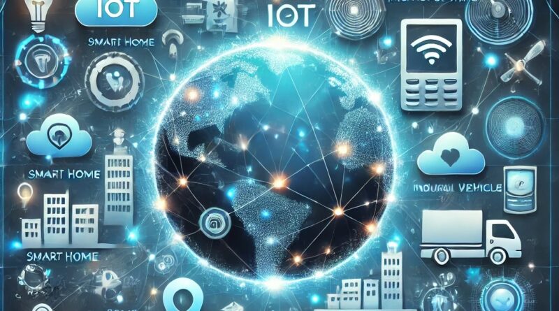 Ilustração futurista da Internet das Coisas (IoT), mostrando dispositivos conectados, como casas inteligentes, veículos autônomos, sensores urbanos e dispositivos vestíveis, todos interligados por uma rede digital global.